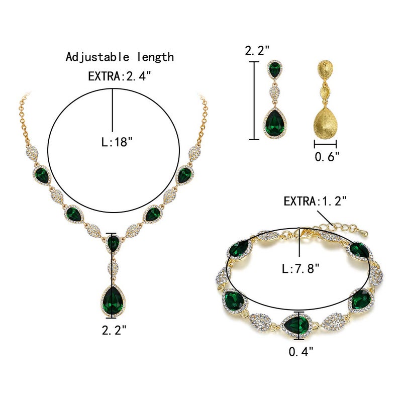EleQueen Women's Wedding Bridal Jewelry Sets for Brides Bridesmaids, Cubic Zirconia Teardrop Necklace Tennis Bracelet Dangle Earrings Jewellery Set Emerald Color - Image 4
